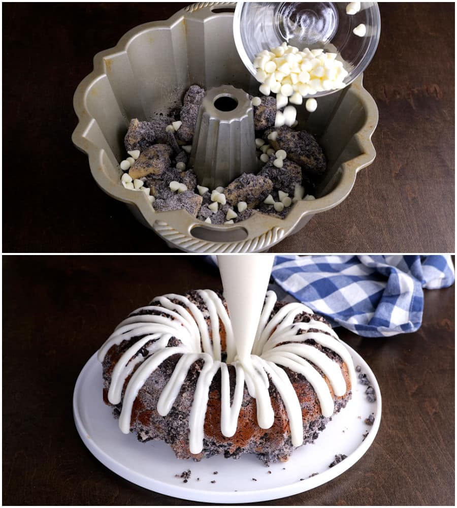 Monkey bread being assembled in bundt pan and glaze being drizzled.