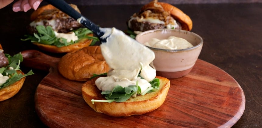 Assembling the burgers.