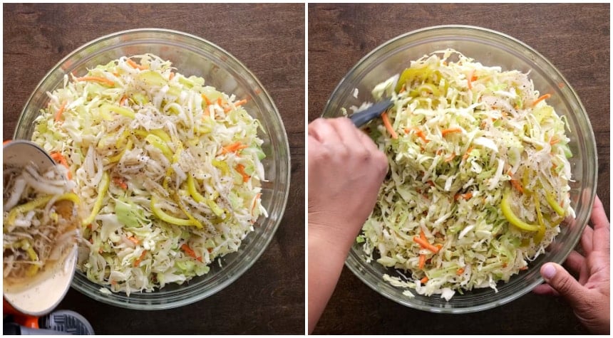 Pouring vinegar mixture over cabbage and mixing.