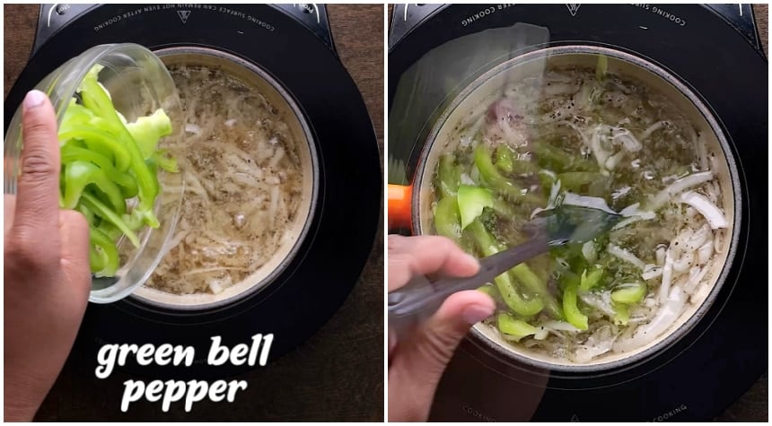 Adding the bell pepper.