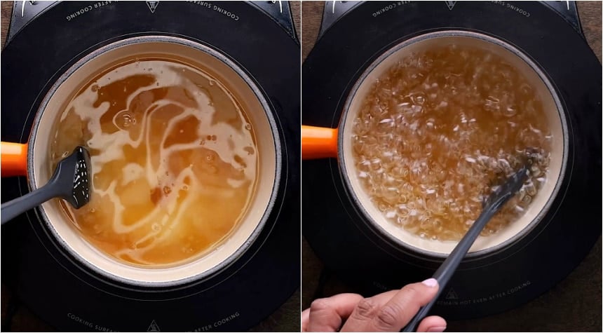 Bringing the oil, vinegar, and sugar to a boil in a saucepan.