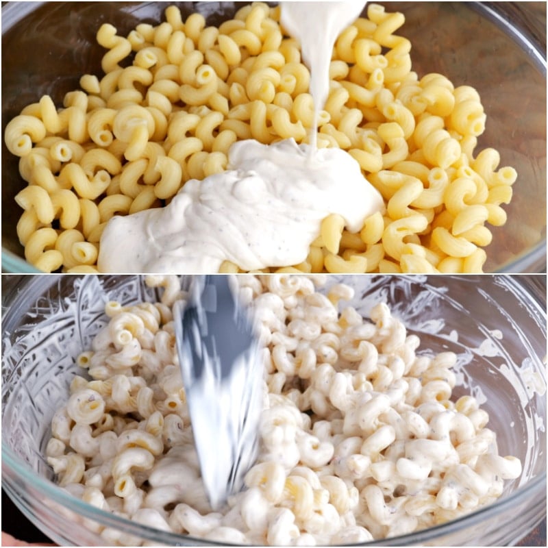 Mixing in mayo.