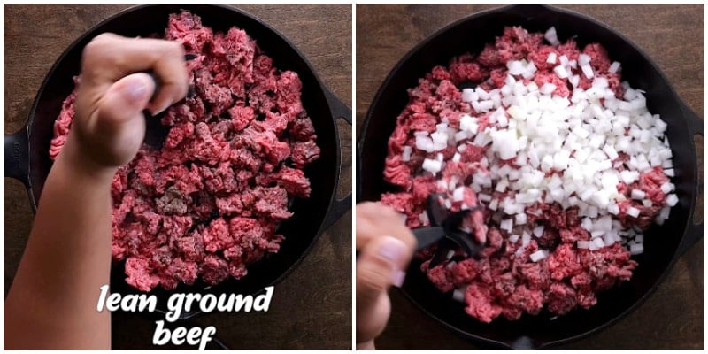 Browning ground beef and cooking onion.