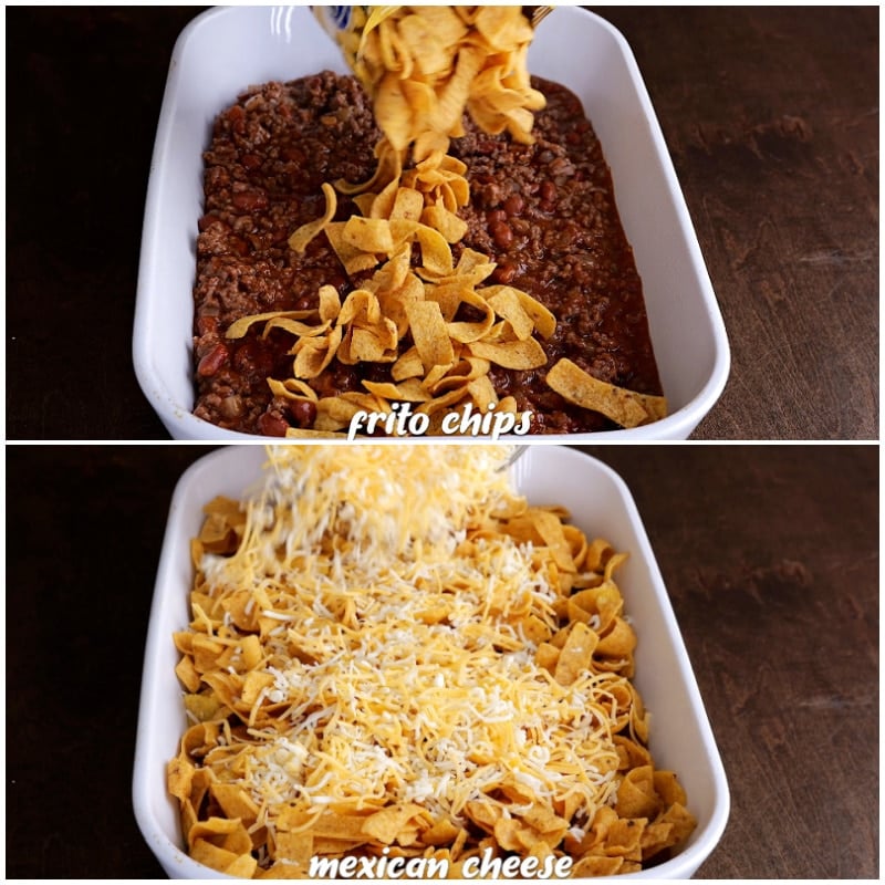 Fritos and cheese being put on casserole.