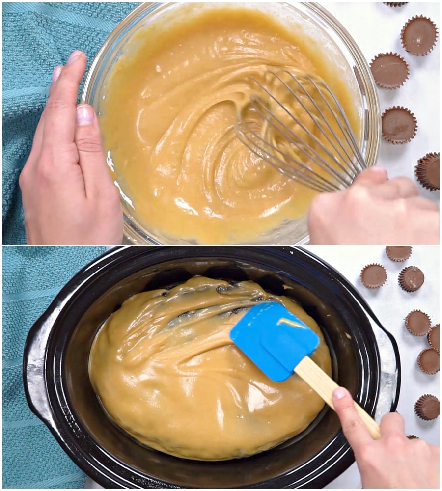 Peanut butter glaze being added to cake.