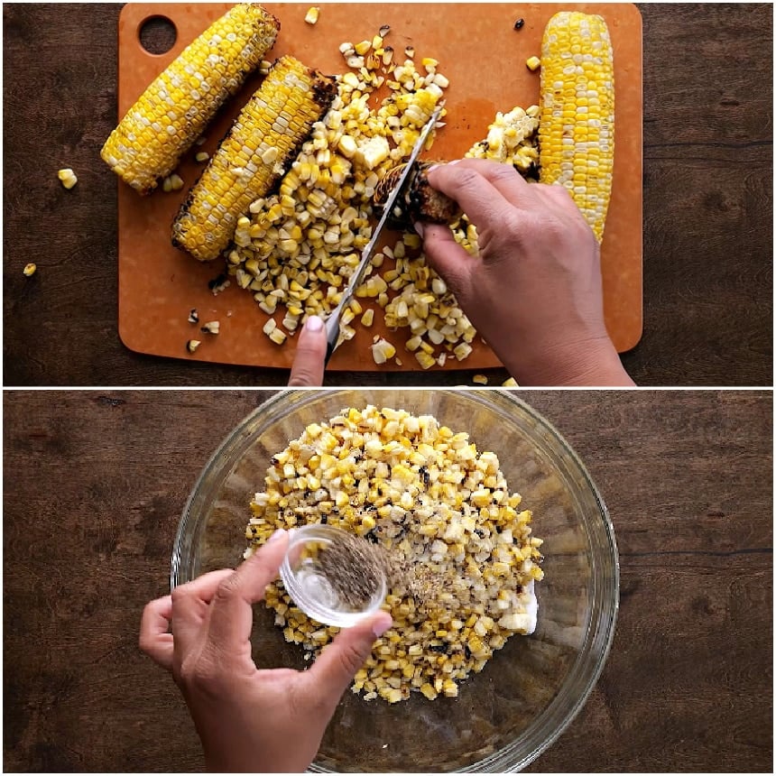 Cutting corn kernels from cob and seasoning with salt and pepper.