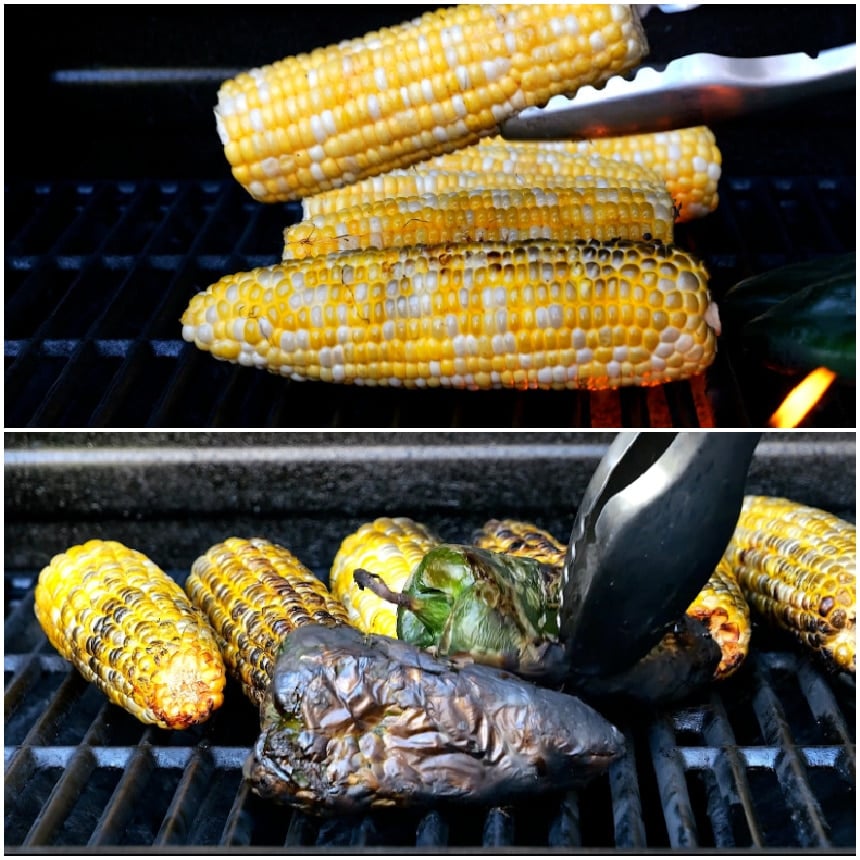 Grilling the corn and the poblano peppers.