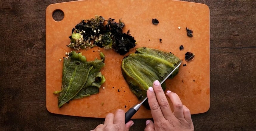 Chopping the poblano peppers.