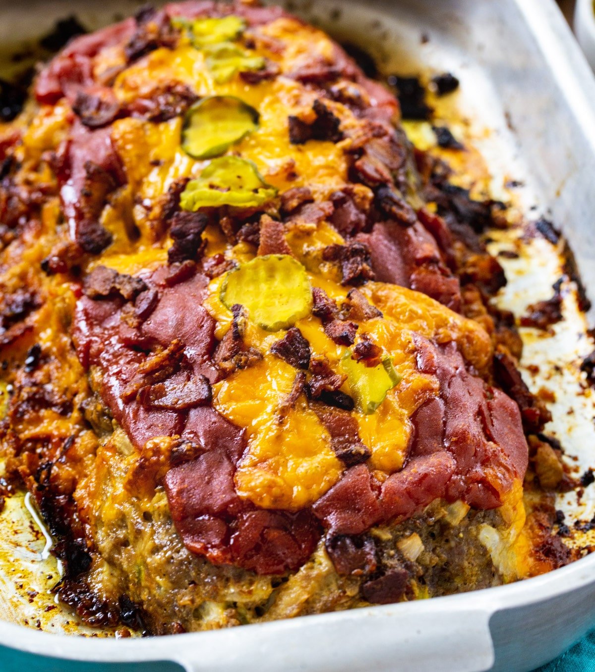 Bacon Cheeseburger Meatloaf in a roasting pan.