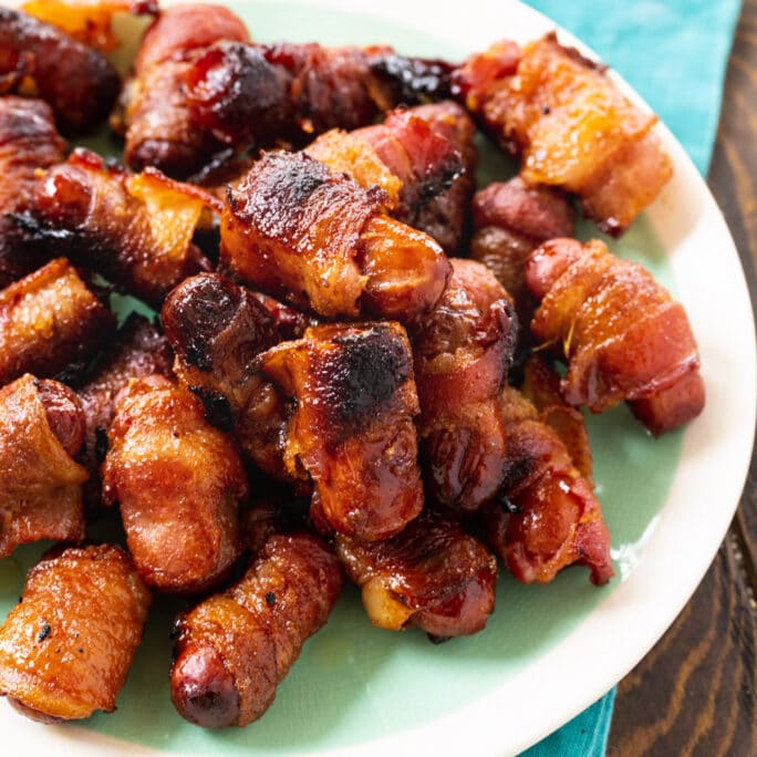 Bacon Wrapped Little Smokies on a plate.