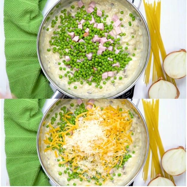 Adding peas, ham, and cheese.