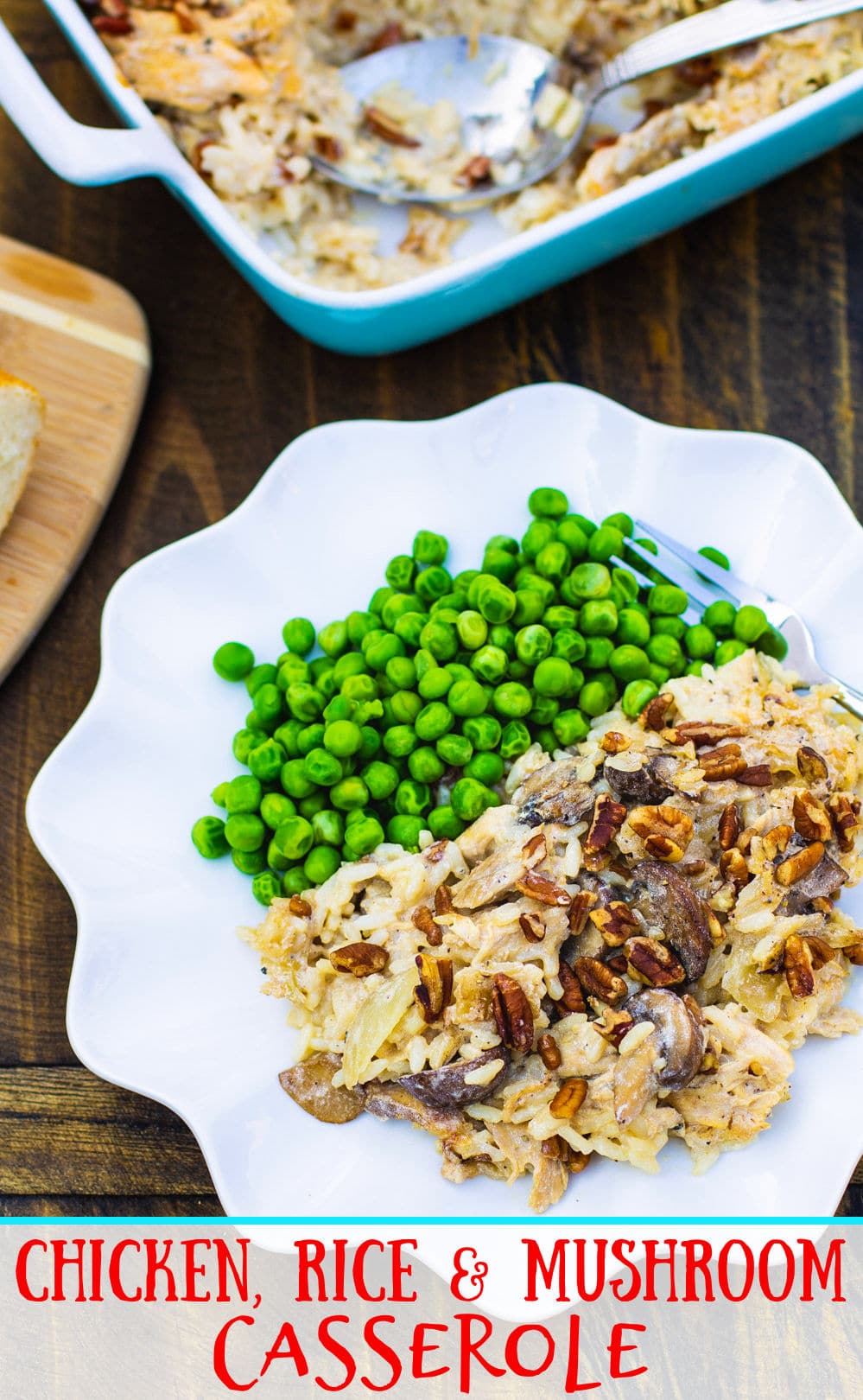 Chicke, Rice, and Mushroom Casserole on a plate with peas.