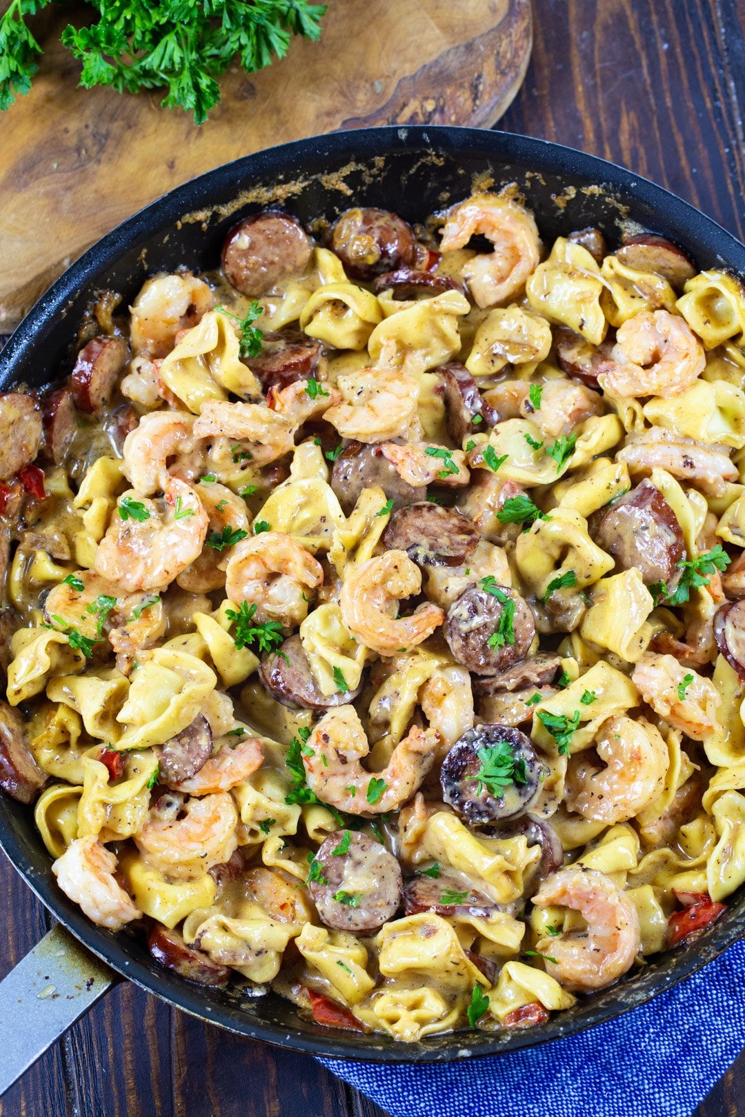 Creamy Tortellini with Shrimp in a large skillet.