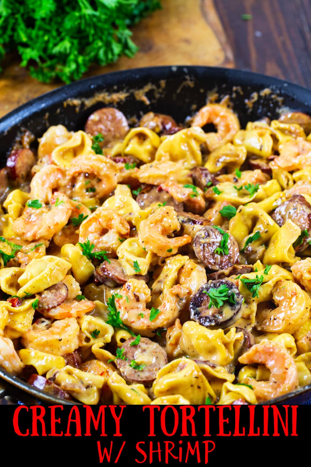 Cooked tortellini in a large skillet.
