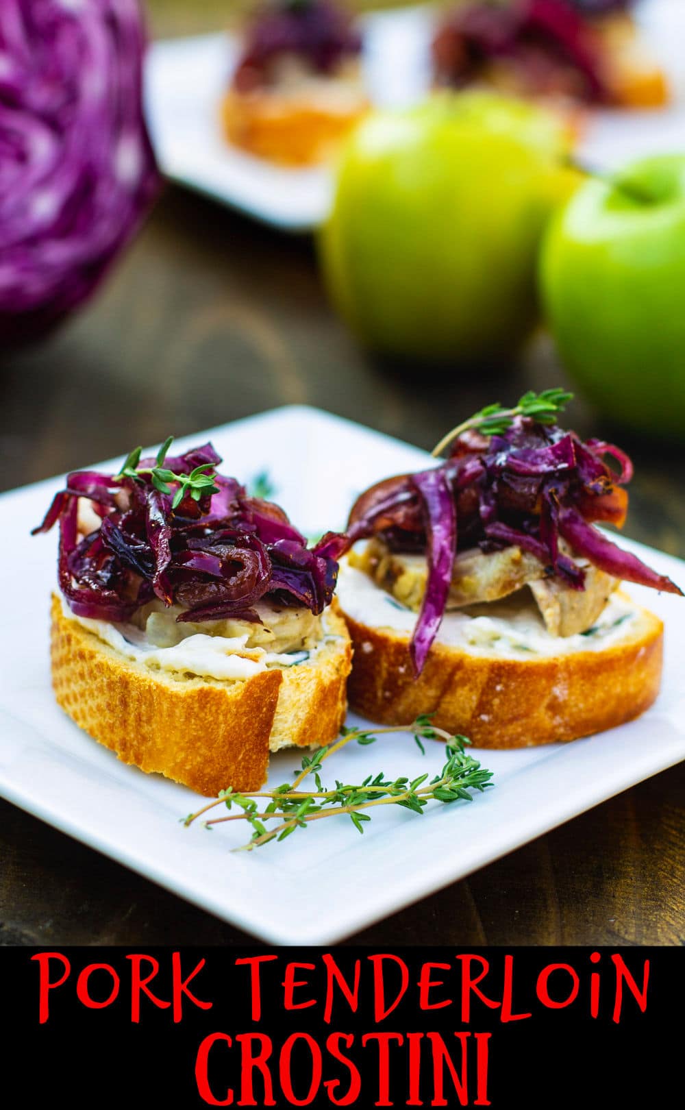 Pork Tenderloin Crostini with Sweet- and Sour Cabbage on a plate.