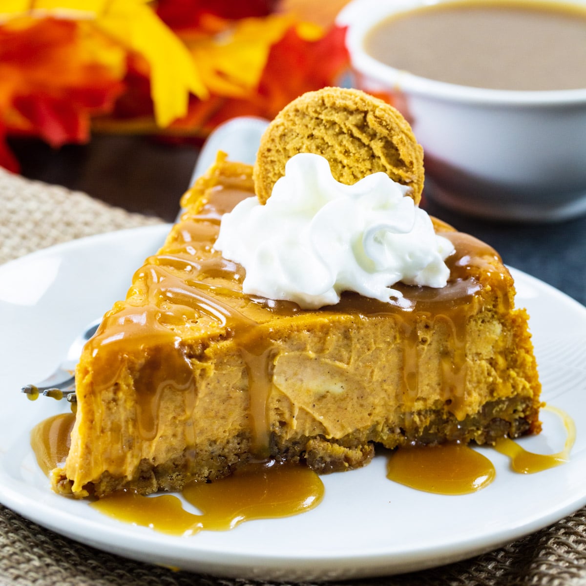 Slice of Pumpkin CHeesecake topped with whipped cream and drizzled with caramel sauce.