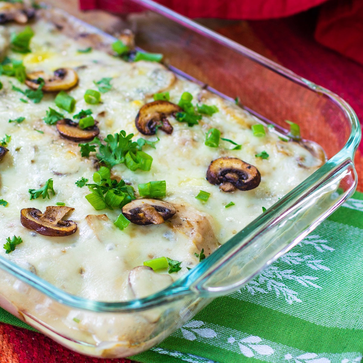 Sherried Chicken with Mushrooms in a glass baking dish.