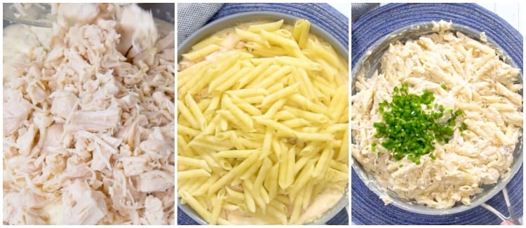 Adding chicken, pasta, and jalapenos.