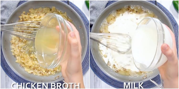 Whisking in chicken broth and milk