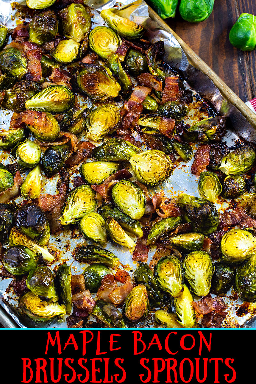 Maple Bacon Brussels Sprouts on a baking sheet.