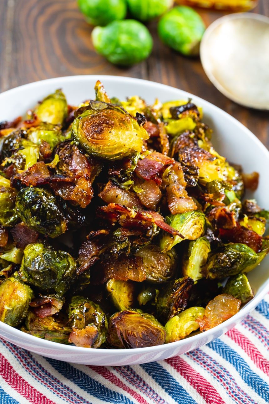 Maple Bacon Brussels Sprouts in a white bowl.