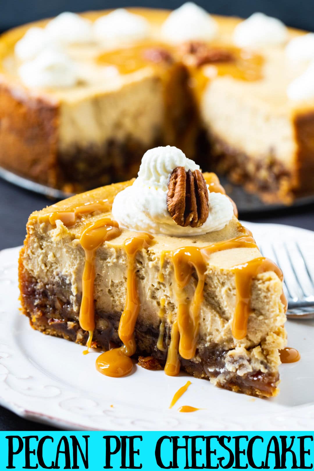 Pecan Pie Cheesecake slice on a plate.