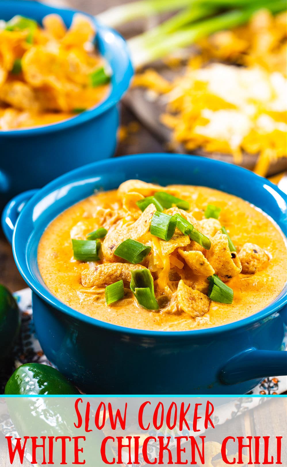 White Chicken Chili in a blue soup bowl.