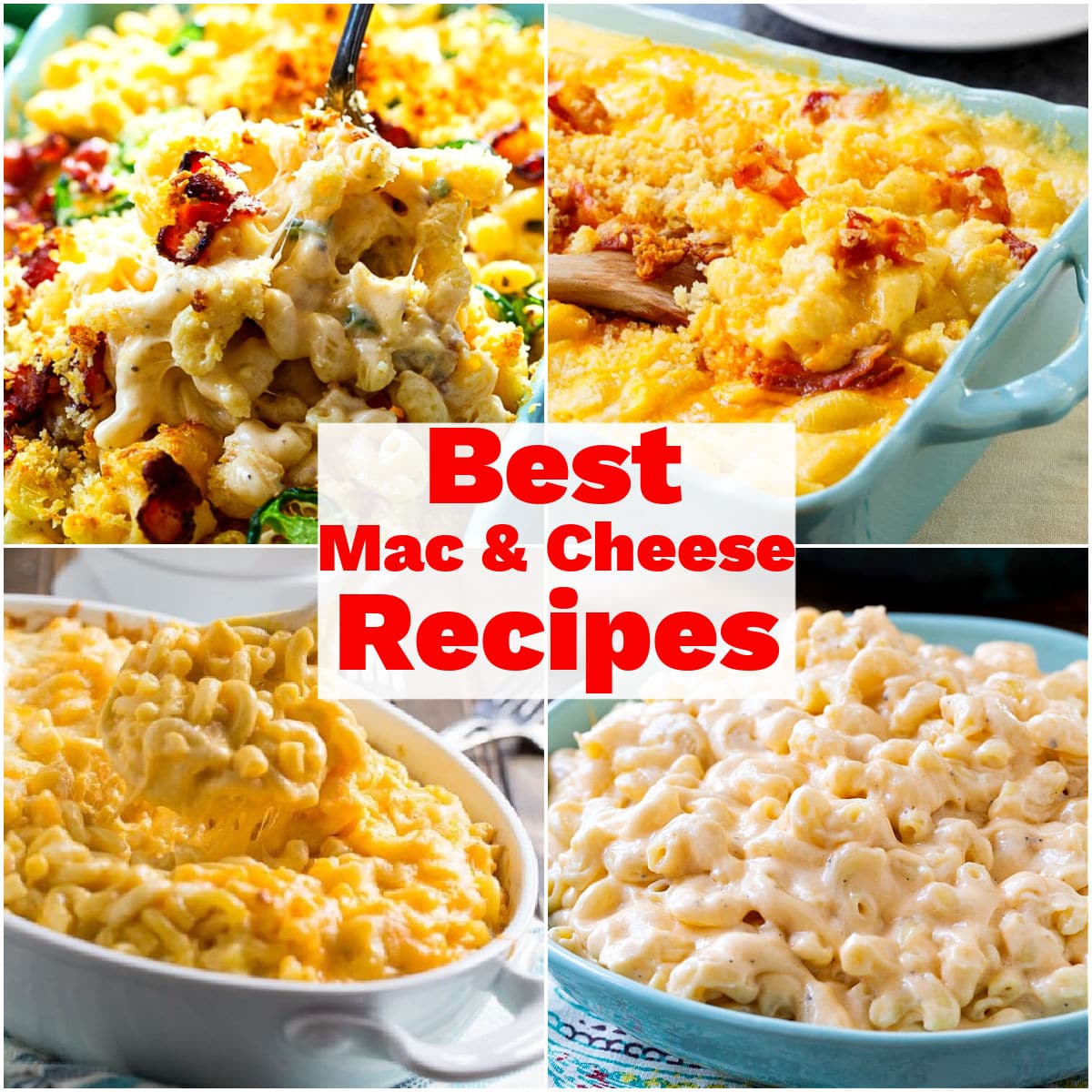 Collage picture of 4 mac and cheese recipes.