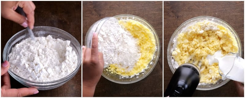 Adding dry ingredients and buttermilk to batter.