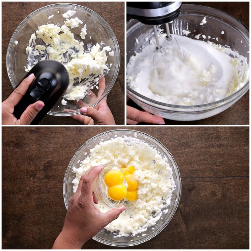 Creaming the butter and shortening and adding sugar and eggs.