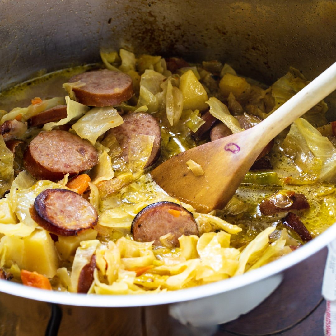 Cabbage Soup with Smoked Sausage in a large pot.