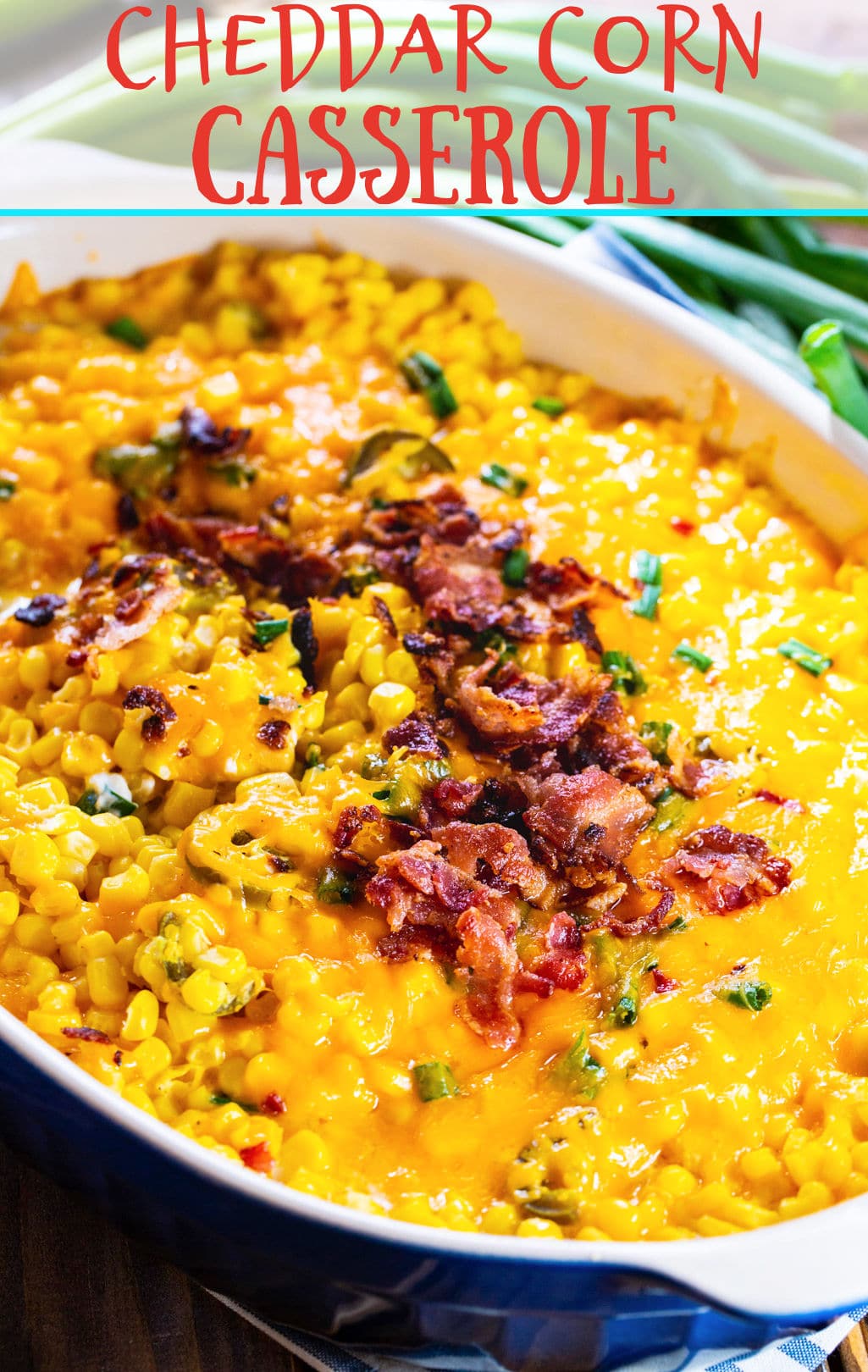 Cheddar Corn Casserole in baking dish.