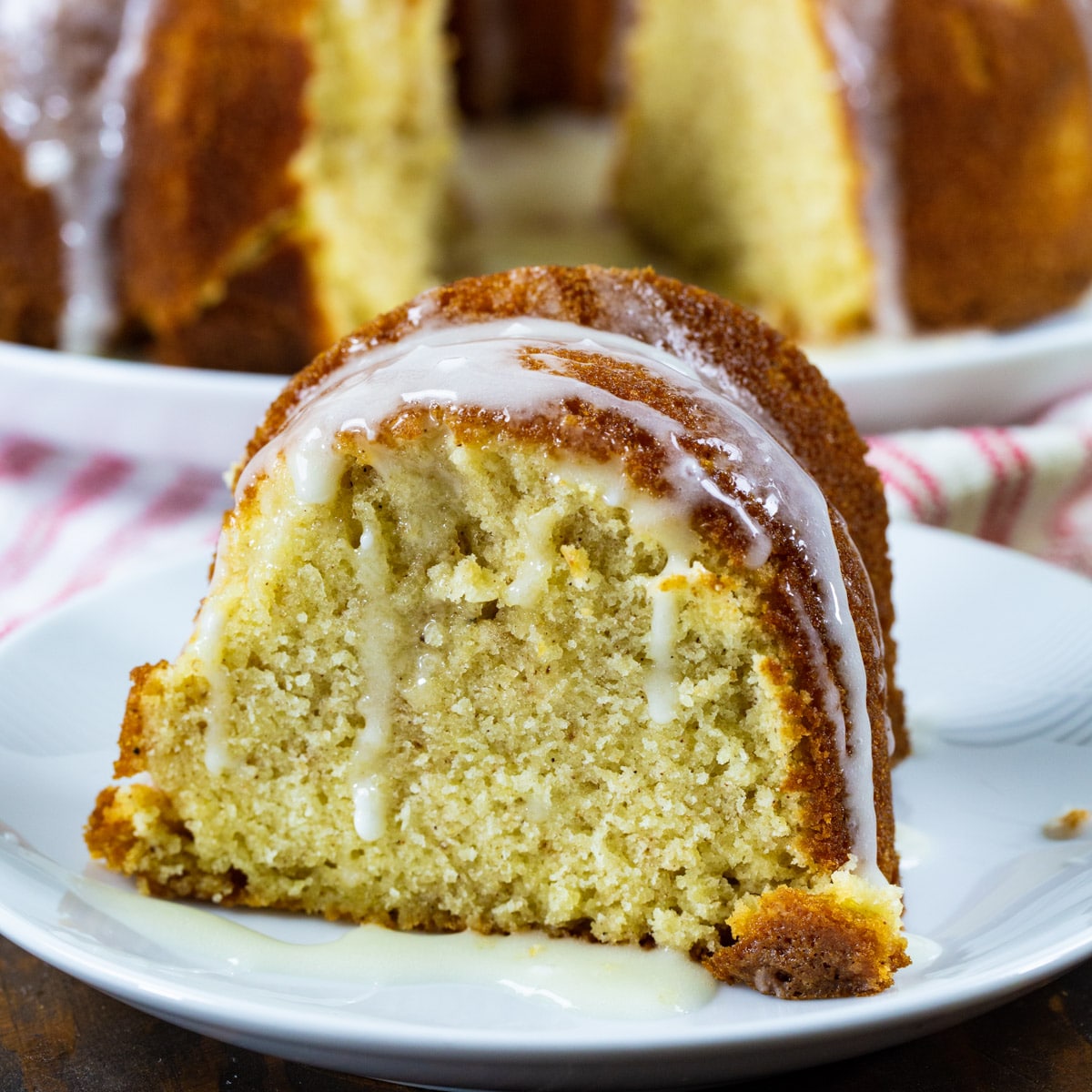 Eggnog Pound Cake slice on a plate.