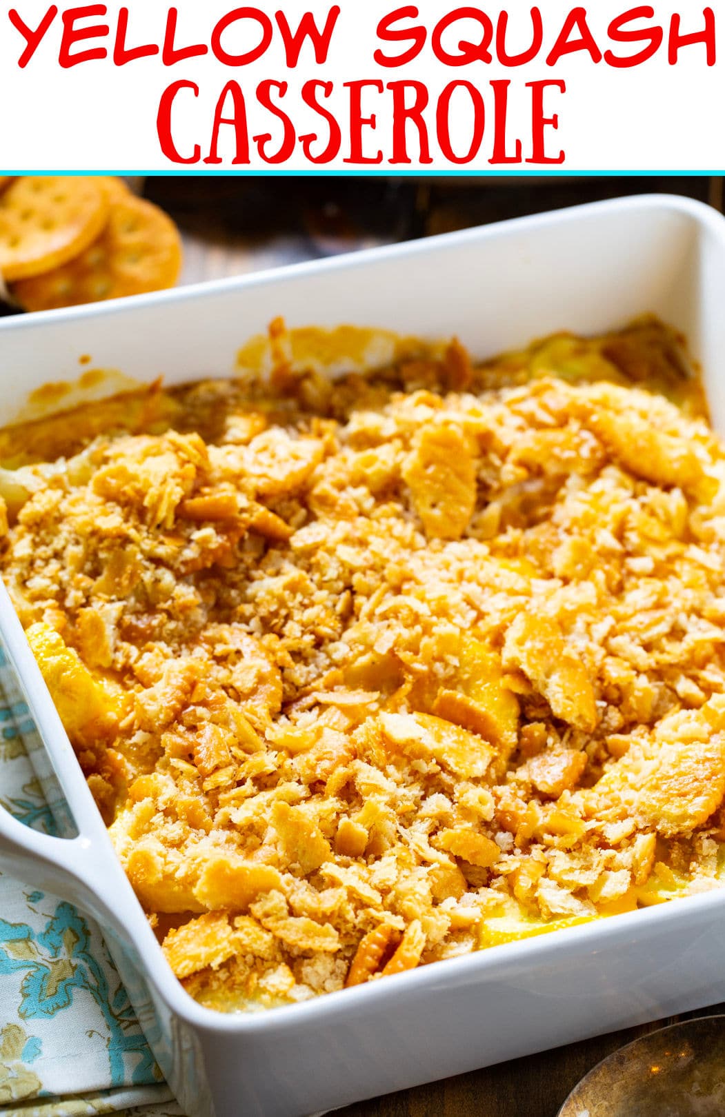 Yellow Squash Casserole in square baking dish.