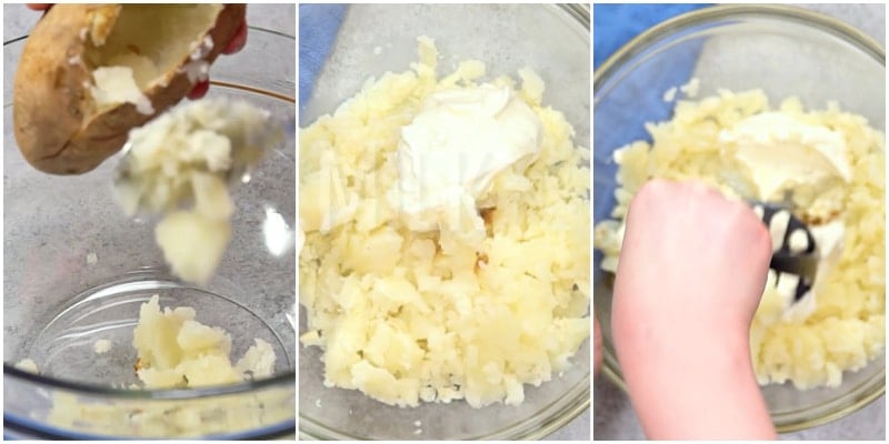 Mashing potato mixture.