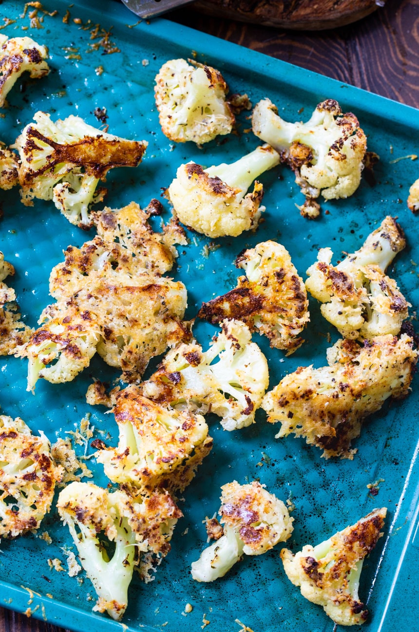 Cooked Cauliflower on a baking sheet.