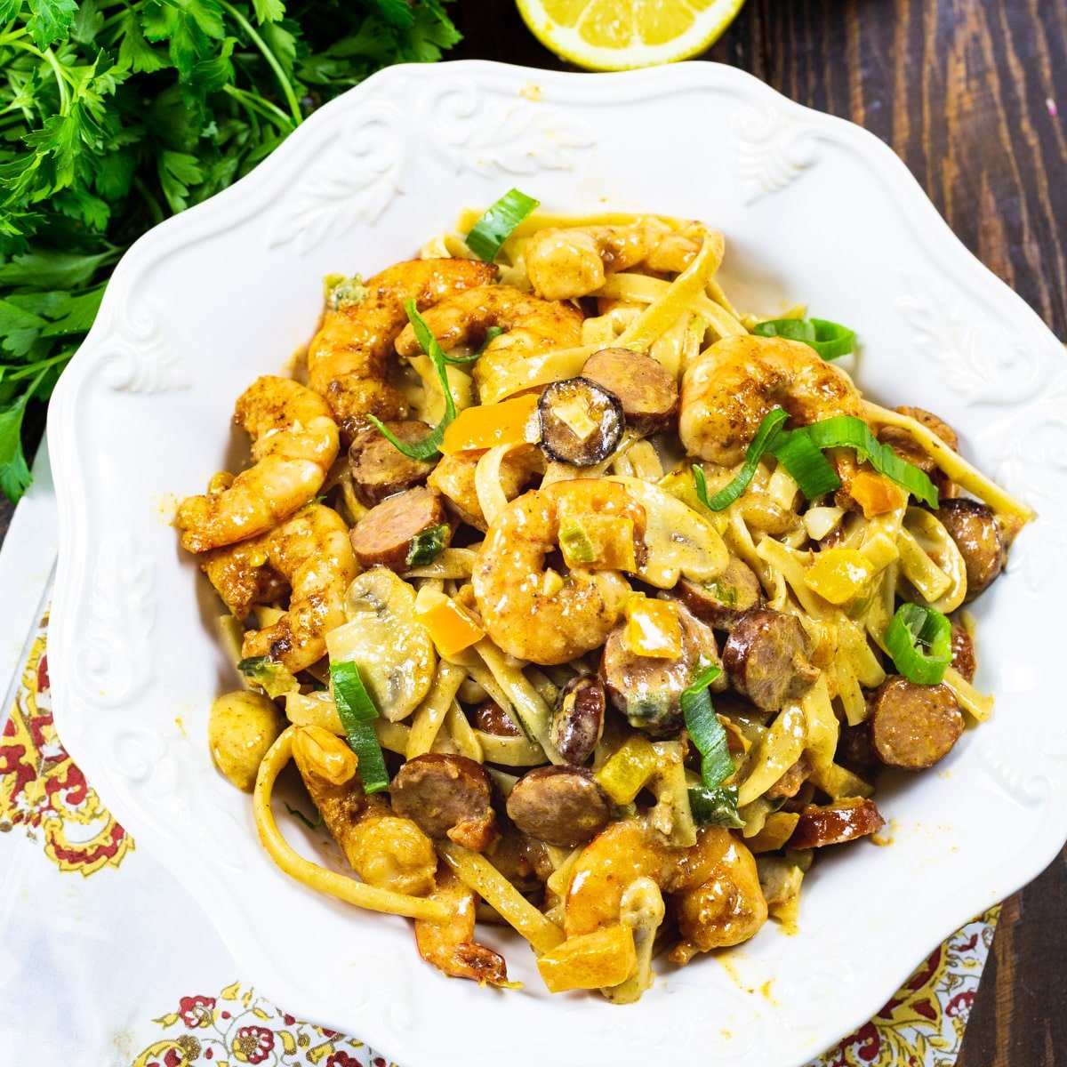 Cajun Pastalya in a pasta bowl.