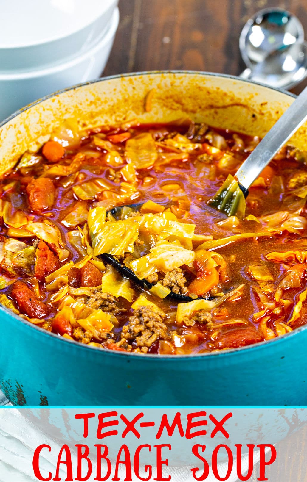 Tex-Mex Cabbage Soup in blue Dutch oven.