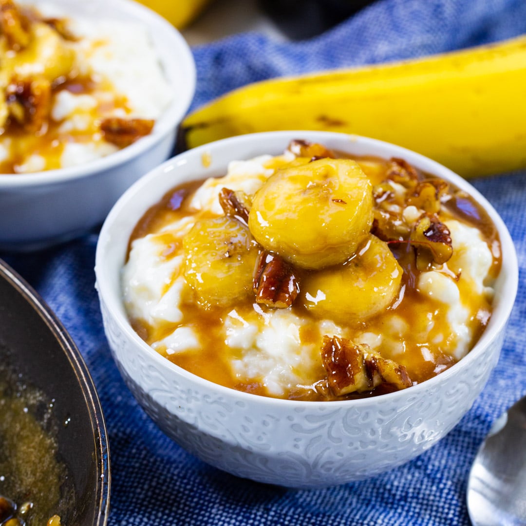 Bananas Foster Rice Pudding in a bowl.