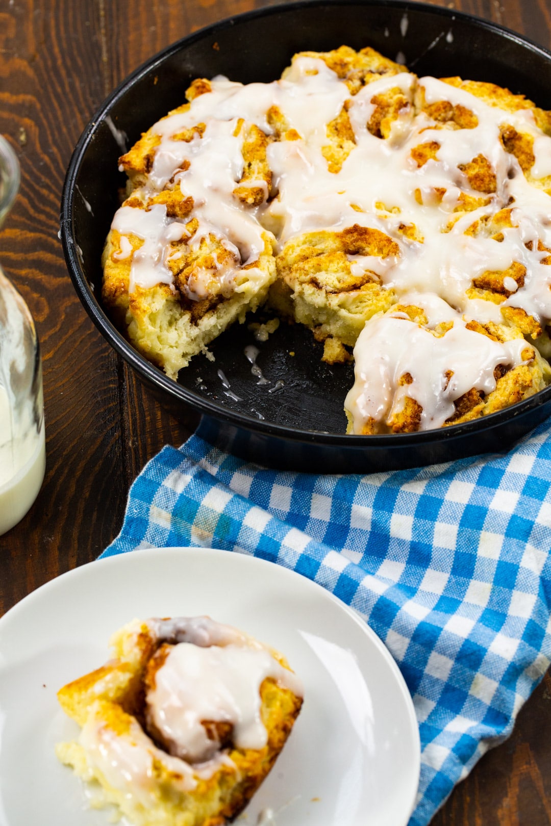 Buttermilk Biscuit Cinnamon Rolls in cast iron pan.