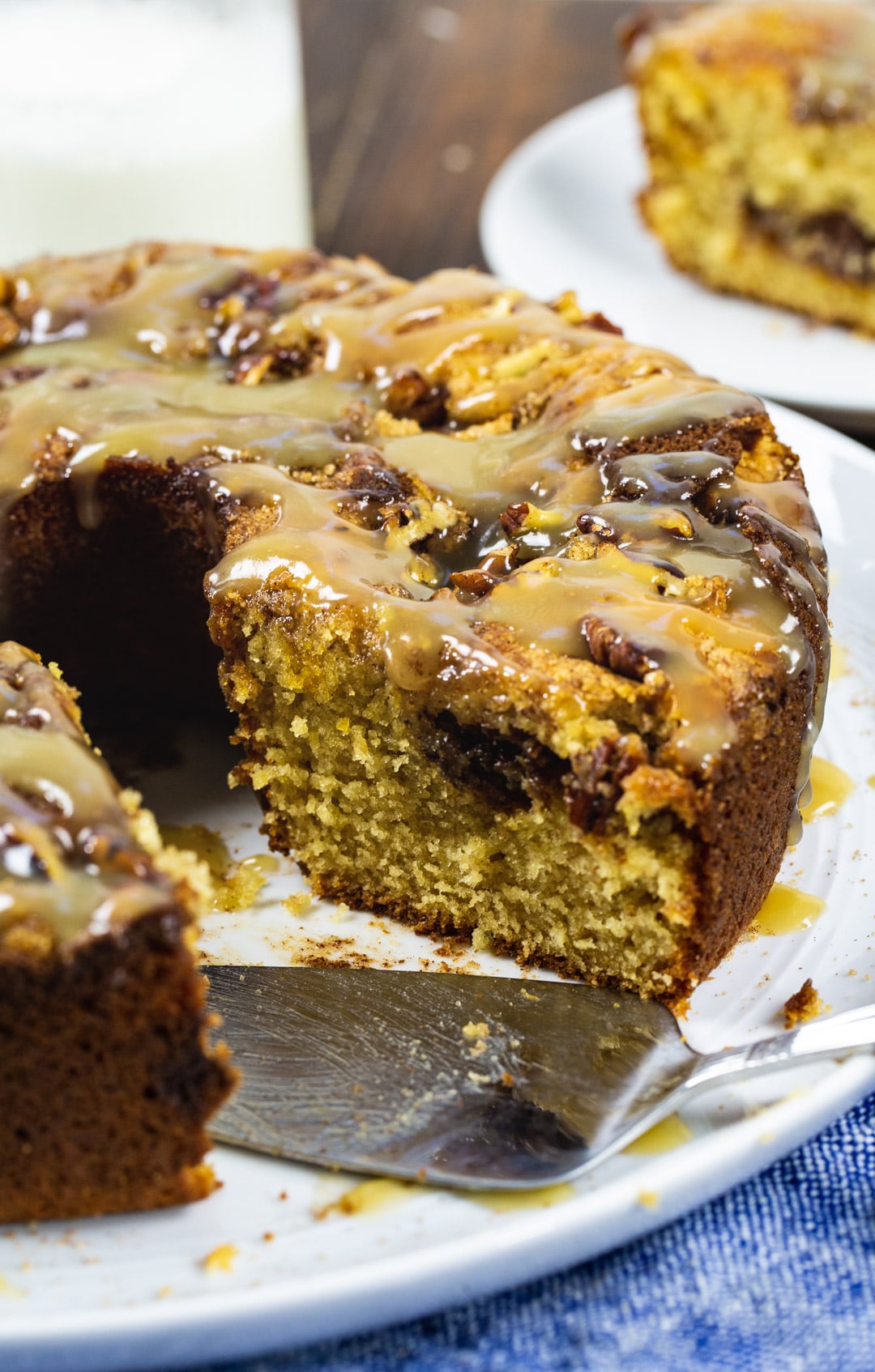 Butterscotch Coffee Cake with a few slices removed.