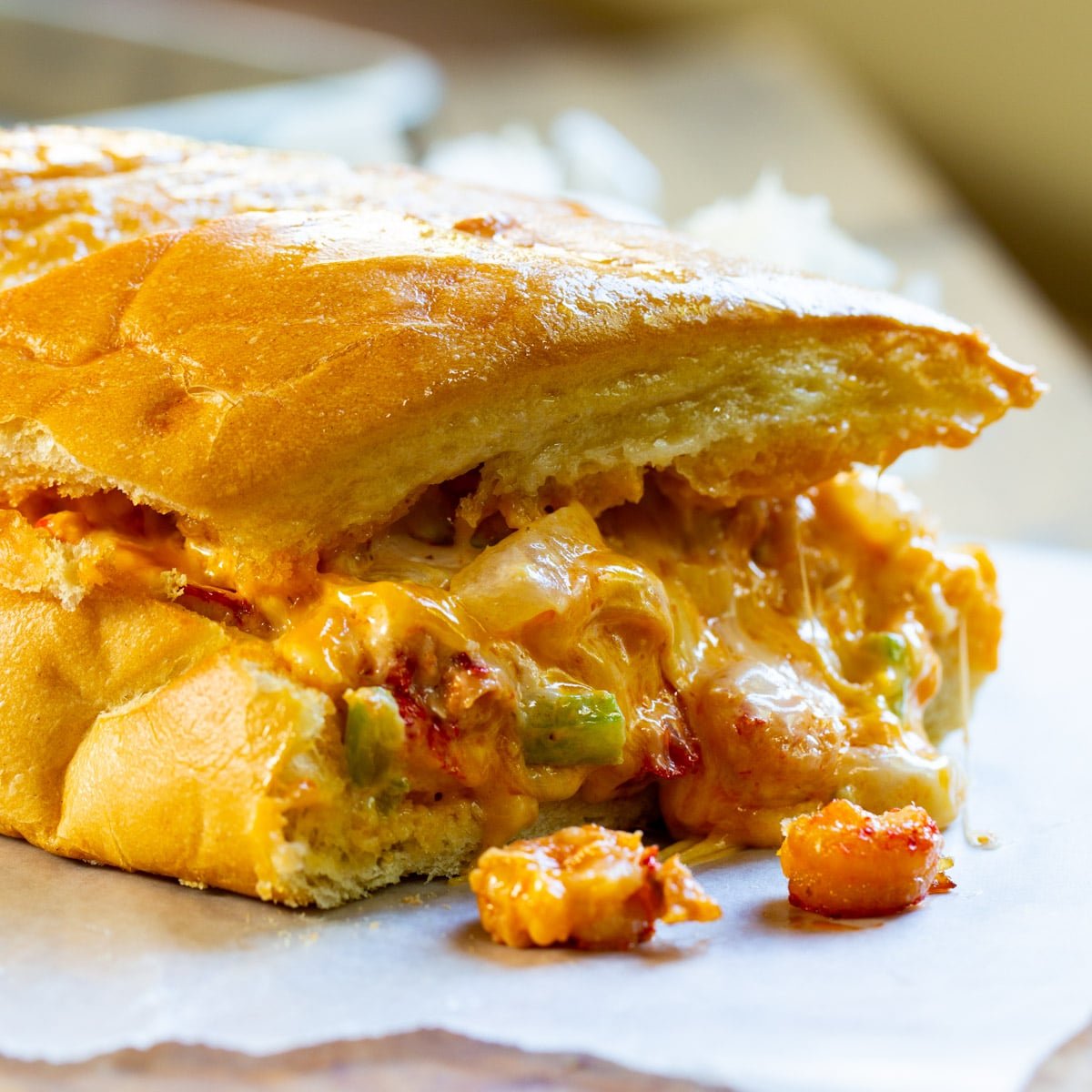 Crawfish Bread cut to show the cheese and crawfish filling.