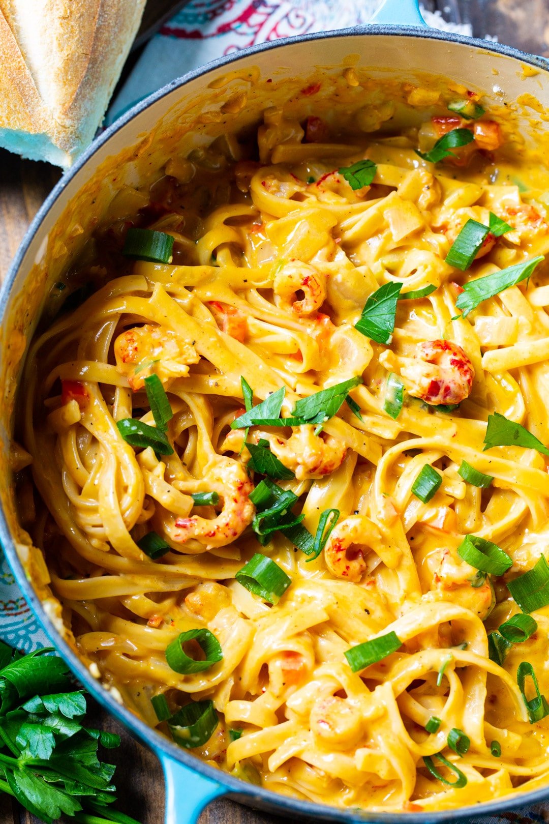 Crawfish Fettucine in a Dutch oven.