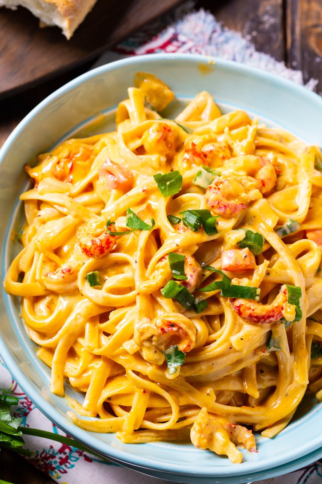 Crawfish Fettucine dished up in a pasta bowl.