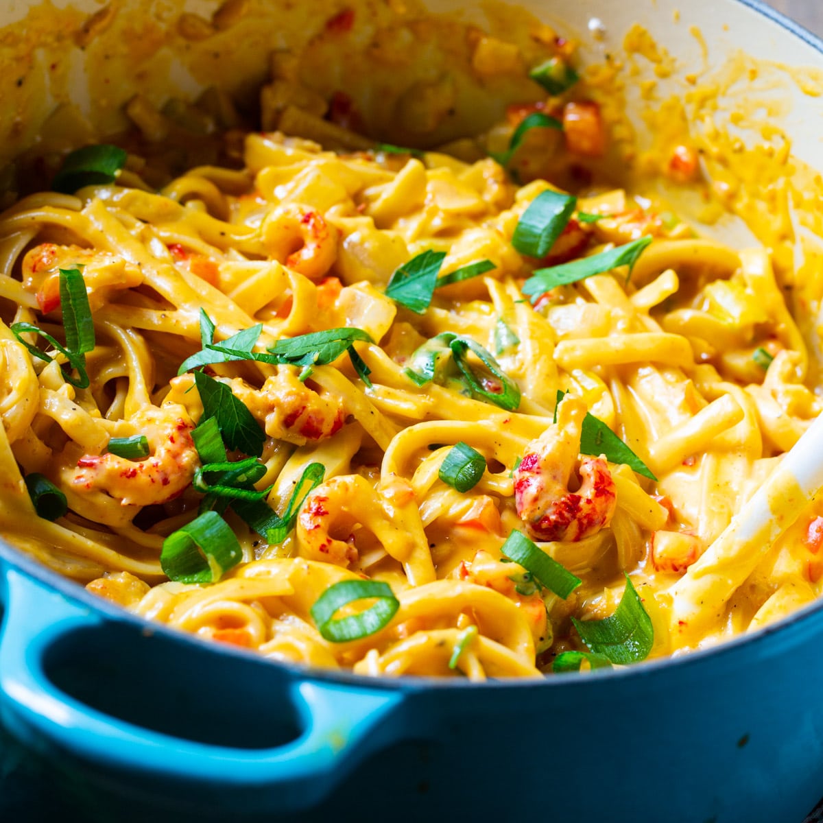 Crawfish Fettuccine in a Dutch oven.