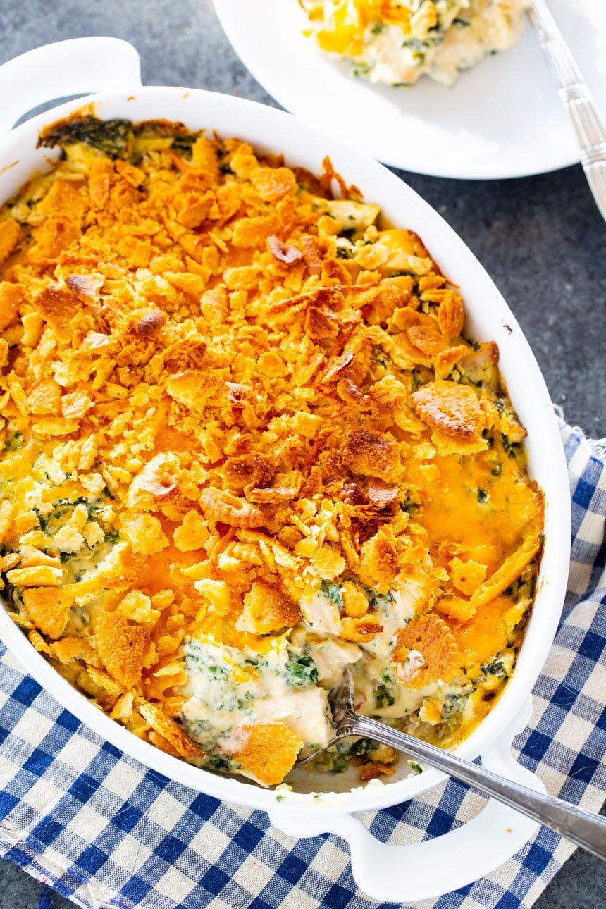 Chicken and Spinach Casserole in an oval baking dish.