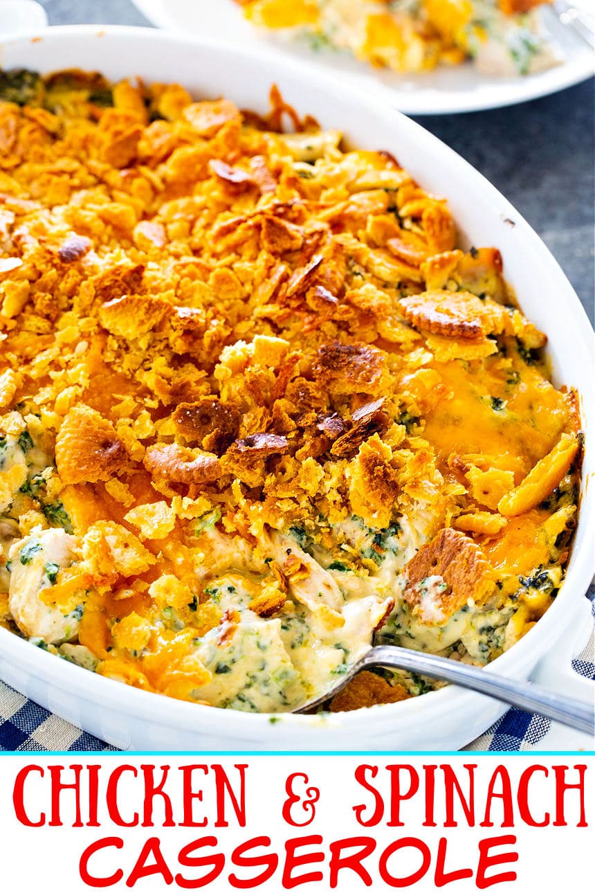 Spoon scooping Chicken and Spinach Casserole.
