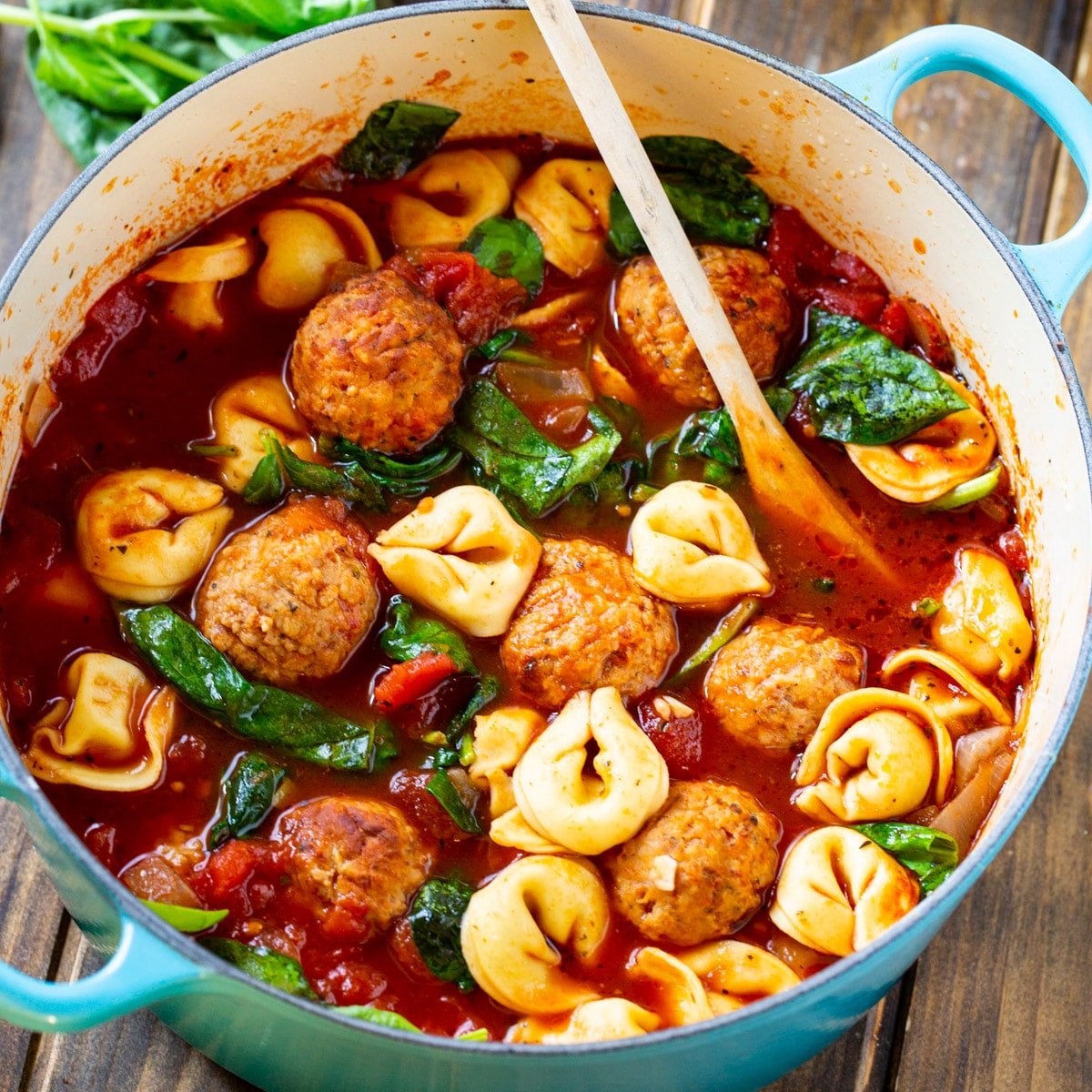 Meatball and Tortellini Soup in a Dutch oven.