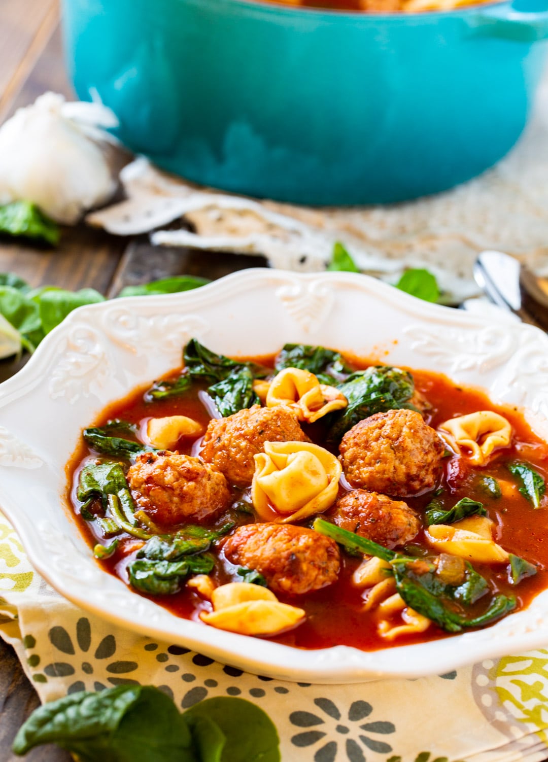Single serving of Meatball and Tortellini Soup on a bowl.