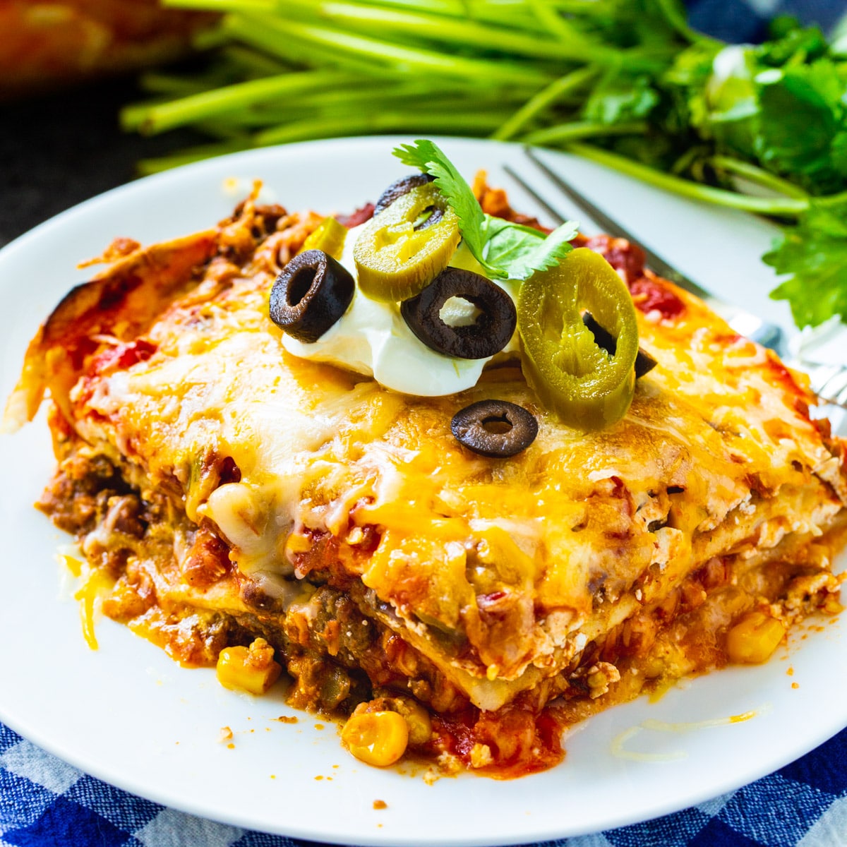 Slice of Mexican Lasagna on a plate.